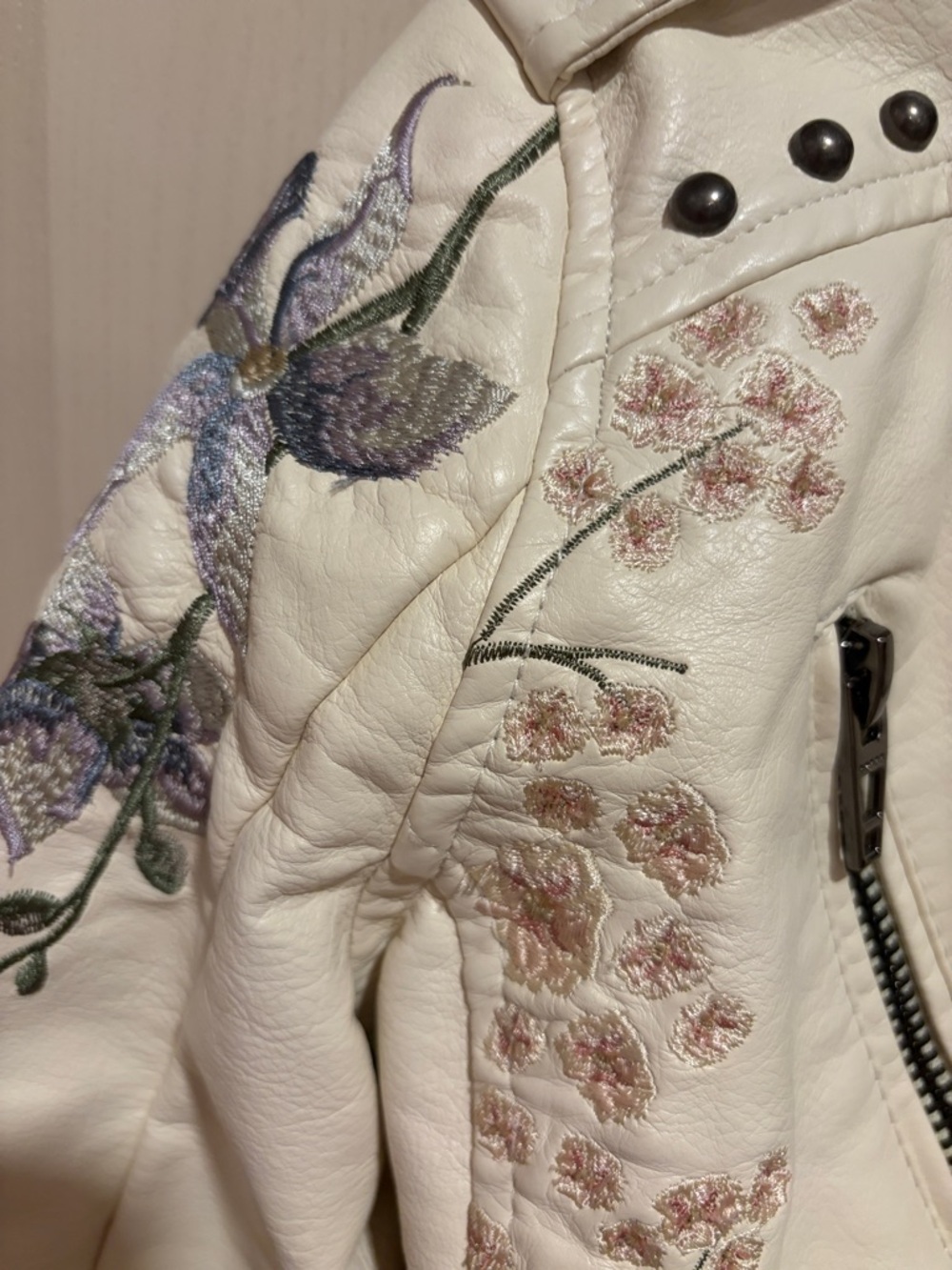 Blank NYC Cream Embroidered Leather Biker Jacket - Picture 3 of 4